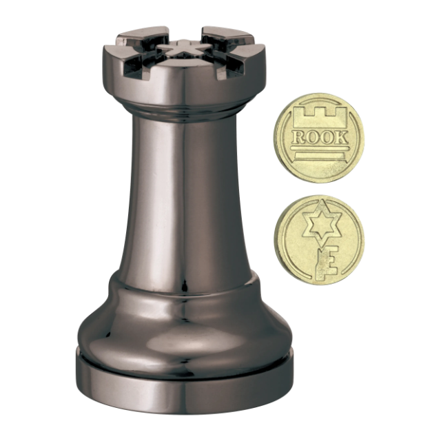 3D breinbreker puzzel Cast Chess Rook -smoked black color-  3D breinbreker puzzel van een schaaktoren (smoked black) met verborgen munt in gerookt zwart.