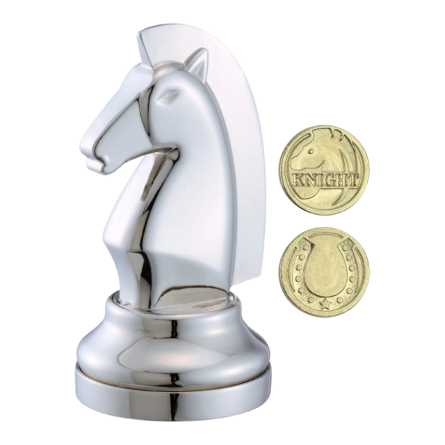 verpakking 3D breinbreker puzzel Cast Chess paard -zilver kleur-  3D breinbreker puzzel van een schaak paard (zilver kleur) met verborgen munt.