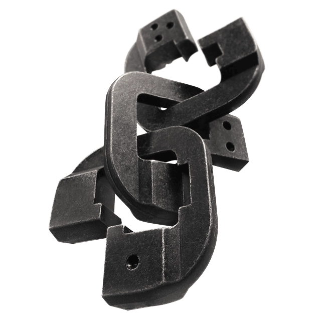 De Huzzle Cast Chain is een metalen 3D puzzel met een keten van schakels die in elkaar grijpen, ontworpen voor een uitdagende oplossing.