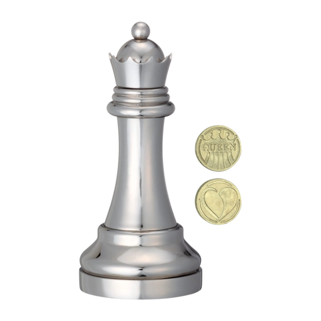 3D breinbreker puzzel Cast Chess Koningin -zilverkleur- 3D-breinpuzzel van een schaakkoningin (zilverkleurig) met verborgen munt.