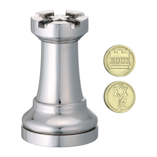 verpakking 3D breinbreker puzzel Cast Chess Toren -zilver kleur- 3D breinbreker puzzel van een schaak toren (zilver kleur) met verborgen munt.