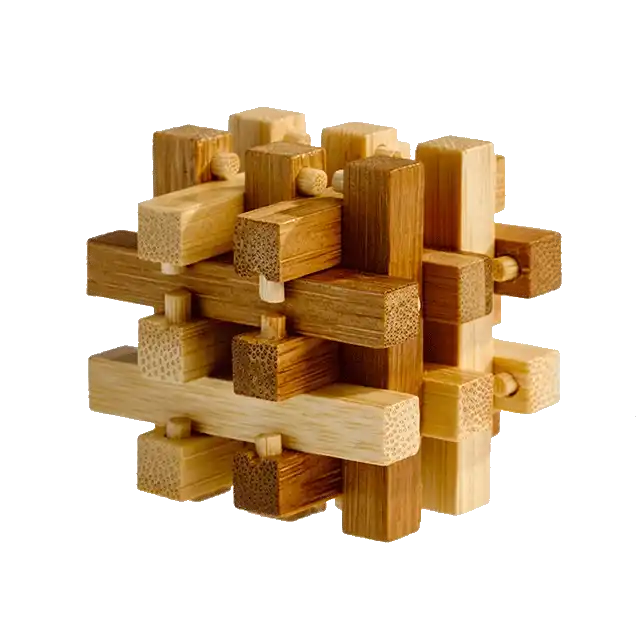 3D breinbreker puzzel Bamboo Slide 3D breinbreker puzzel in de vorm van een schuivende bamboo-structuur, met houten delen die in elkaar passen en verschuiven.